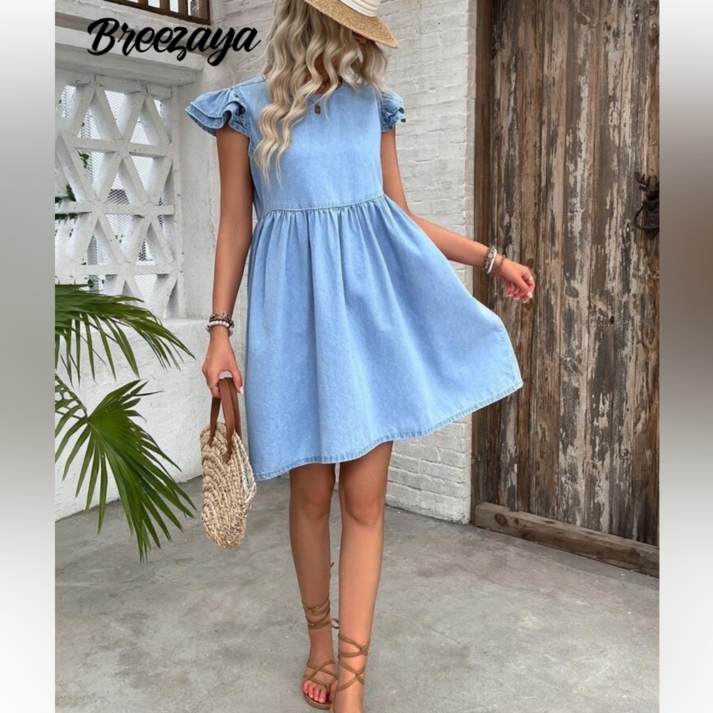 Light-wash Denim Babydoll Dress ruffle cap sleeves Size Small Concert Festival